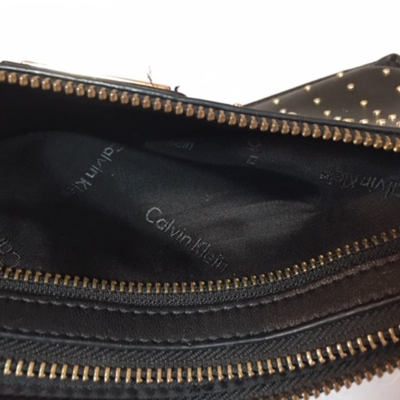 Calvin Klein Black Studded Leather Zip Pouch Wallet Purse 10" x 6" - Picture 4 of 13
